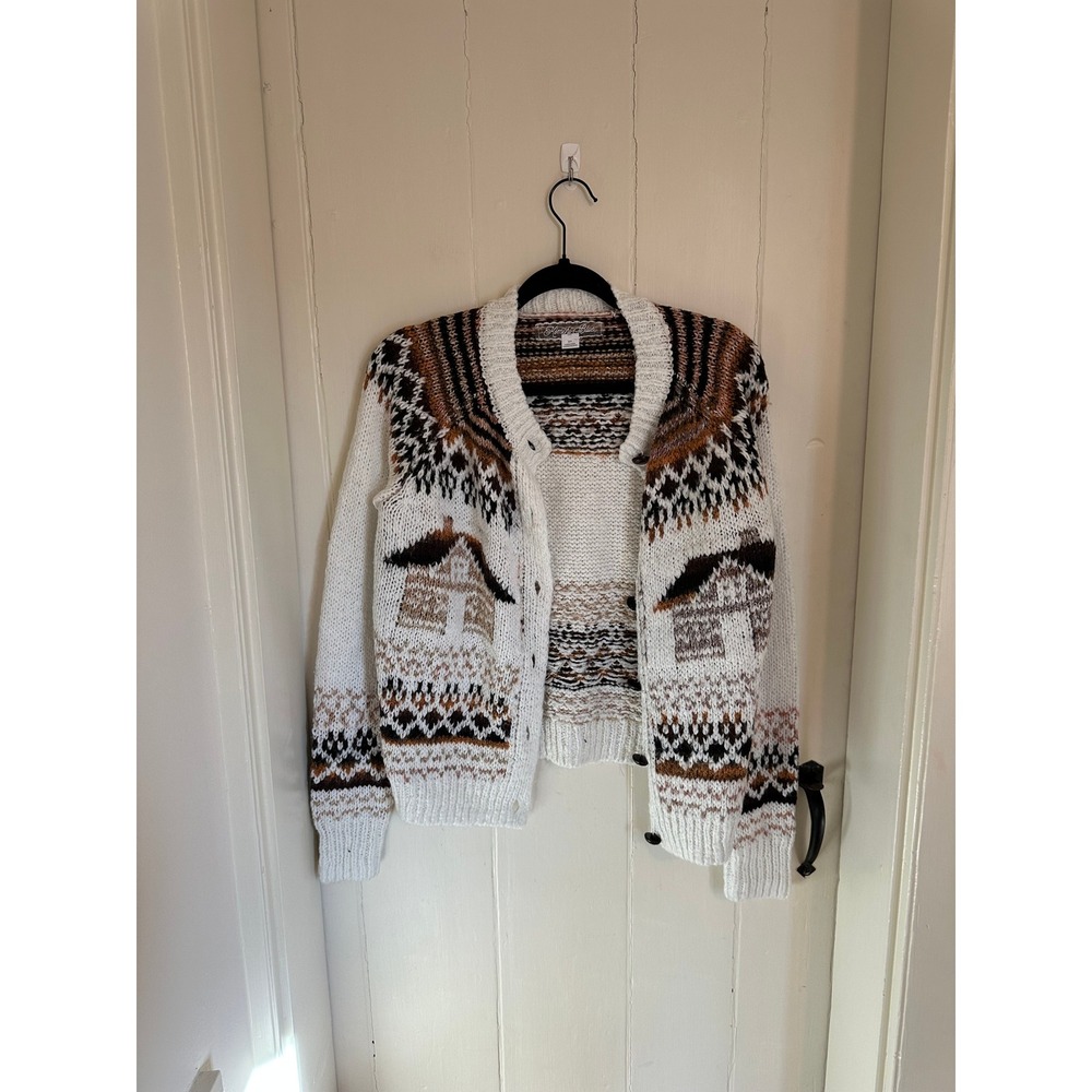 Kimchi‎ Blue Women White Fair Isle House Pattern Chunky Knit Cardigan Sweater S